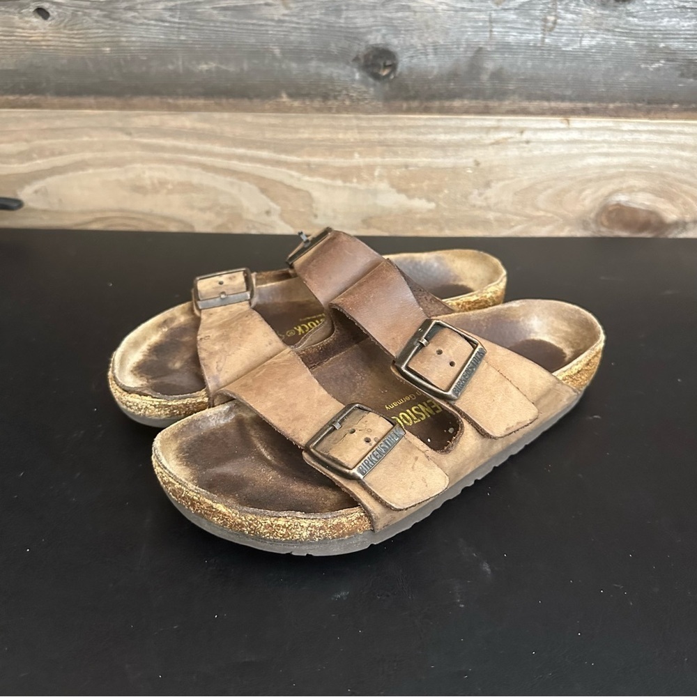 Birkenstock Arizona Slip On Brown Soft Leather 38 Two Adjustable Straps *Read*